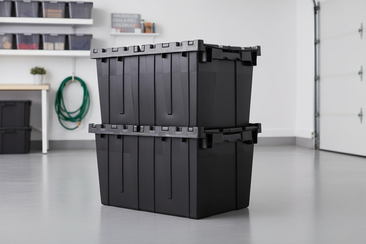 Hudson Exchange 21.9 x 15.2 x 12.8” (3 Pack) Storage Tote Distribution Container with Hinged Attached Lid, Black