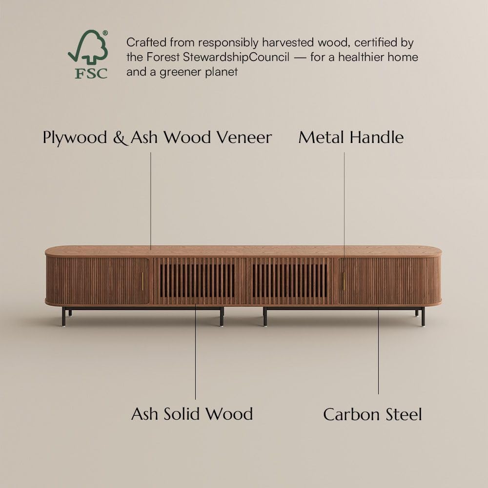 POVISON Fully-Assembled Sliding Tambour Door TV Stand, Mid Century Modern TV Console, Wood Media Console, Entertainment Center with Storage Cabinet (Walnut, 118.11")