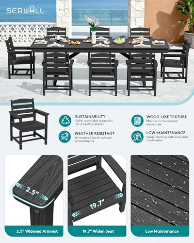 SERWALL 9Pcs 84" HDPE Outdoor Dining Set for 8 with Armchairs,Black
