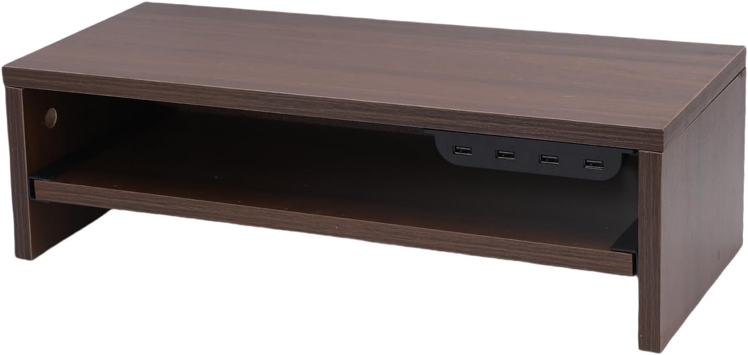 BAFOVY Desktop Monitor Stand Riser with USB Hub and Drawer, 20-Inch Wooden Desk Organizer for Laptop and Computer Screens, 15cm Height Adjustable Solution (Walnut Brown)