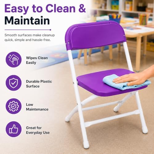 Timmy Kids Plastic Folding Chair, White Kids Chair with Steel Frame, Portable Foldable Child Chair for Classroom, Daycare, Parties & Events, 220 lb Capacity (2, Purple)