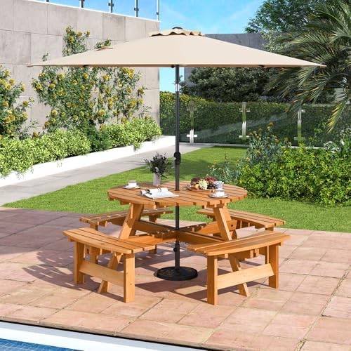 GIANTEX 8-Person Round Picnic Table Set with 4 Benches, 550 LBS Bench Capacit...