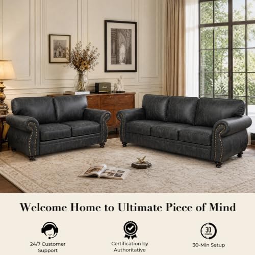 Couchus 88" W 3-Seater Sofa Couch, Faux Leather Fabric Sofas, Grey | Mid...