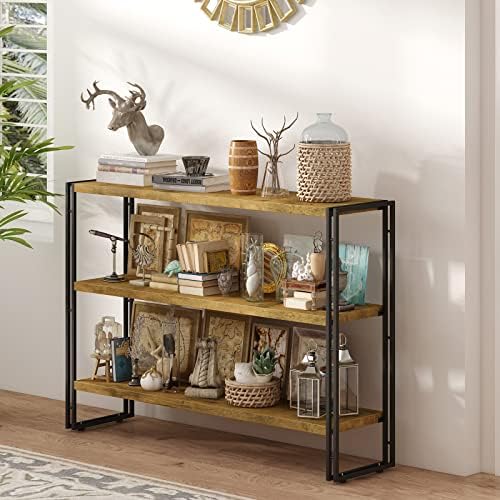 HCHQHS 3-Tier Rustic Wood and Metal Industrial Bookcase - 40in, for Home Offi...