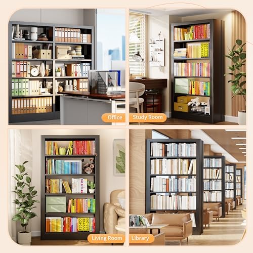 5-Tier Bookcase with Adjustable Storage Shelves, Heavy Duty Bookcase, Metal B...
