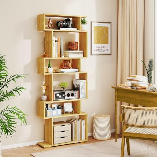 GIANTEX 6-Tier Geometric Bookshelf, S-Shaped Bookcase with 2 Anti-Tipping Kit...