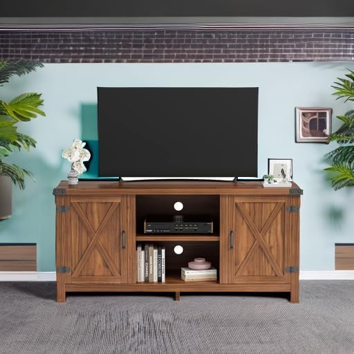 JUMMICO TV Stand, 65 Inch TV Farmhouse Entertainment Center with Double Barn Doors and Storage Cabinets, Console TV Table Media for Living Room, Bedroom (Walnut)