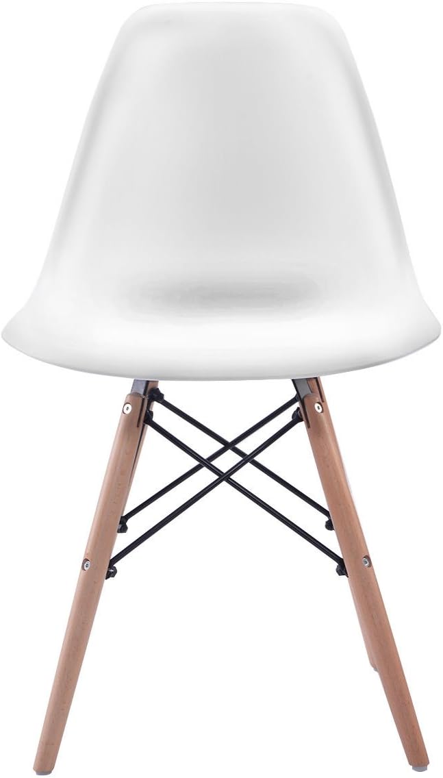 COSTWAY Dinning Chair Set of 4, Mid Century Modern Eiffel DSW Style Shell Molded Plastic Chair for Kitchen, Dining, Living Room, Bedroom, Lounge Side Chairs with Wood legs, White