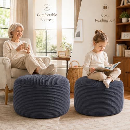 Round Stuffed Pouf Ottoman, Foot Stool Ottoman,Corduroy Poufs with Foam Chunk...