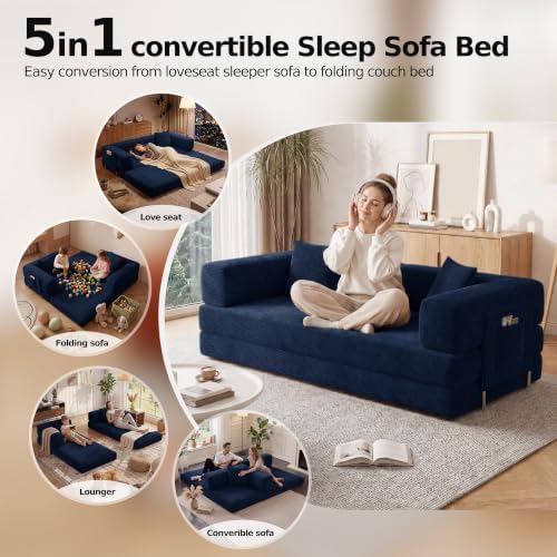 79" Convertible Futon Sofa Bed, Floor Couch for Living Room | 5-in-1 Cor...