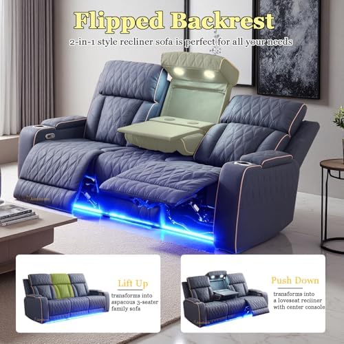 A Ainehome Sanded Leather Power Recliner Sofa Set with LED, 3 Pieces Living R...