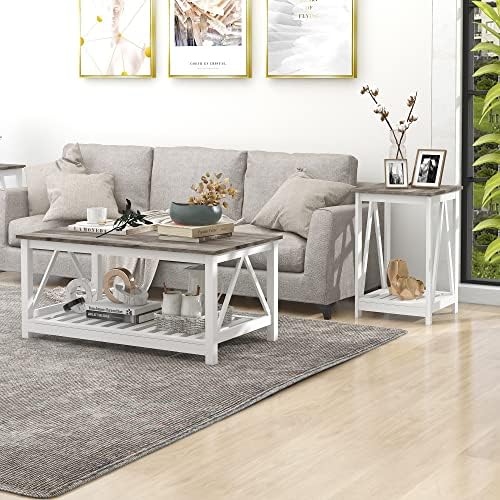 Farmhouse Coffee Table and End Table Set, Oak Grey Wooden Living Room Furnitu...