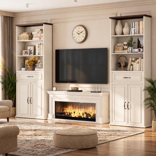 Cyclysio 80" Tall Bookcase with Drawer and Doors, Antique White/Walnut