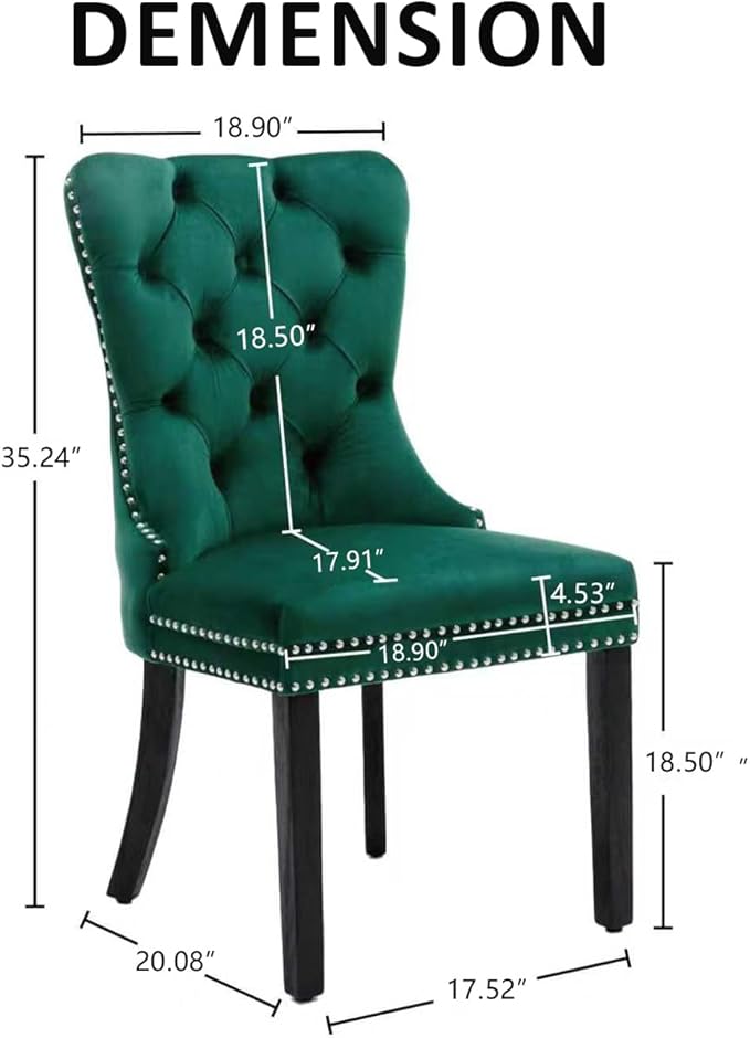 KCC Velvet Dining Chairs Set of 4, Upholstered High-end Tufted Dining Room Chair with Nailhead Back Ring Pull Trim Solid Wood Legs, Nikki Collection Modern Style for Kitchen, Green