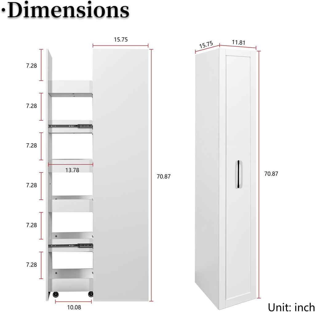 JOYSOURCE Tall Narrow Pull-Out Storage Shelf with Wheels 6-Tier Slim Rolling Storage Next to Fridge Spice Rack Shelves for Small Spaces, Kitchen, Laundry Room, Bathroom White