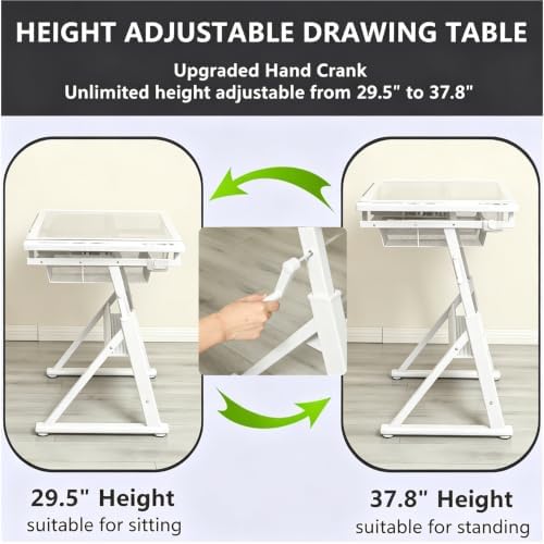 Drafting Desk w/Stool & Storage, Glass Art Table for Artists,White