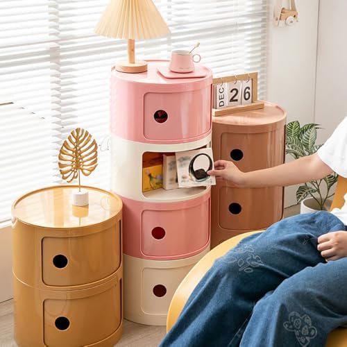 Round Nightstand with Drawers, Round Bedside Table 2/3/4 Tier Plastic Nightst...