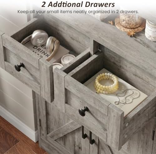 Farmhouse Storage Cabinet with Drawers, Small Kitchen Pantry Cabinet, Gray