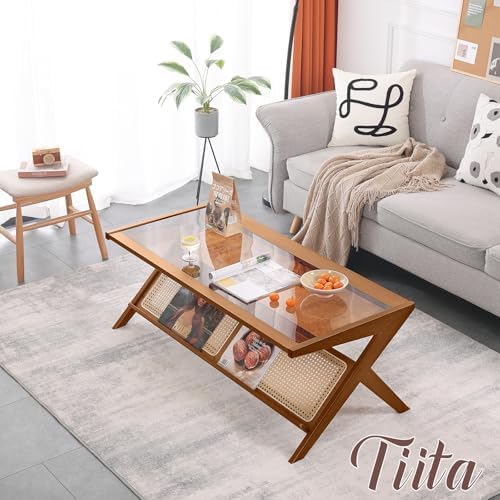 Tiita Brown Rattan Coffee Table, Bamboo Glass Top Table with Storage