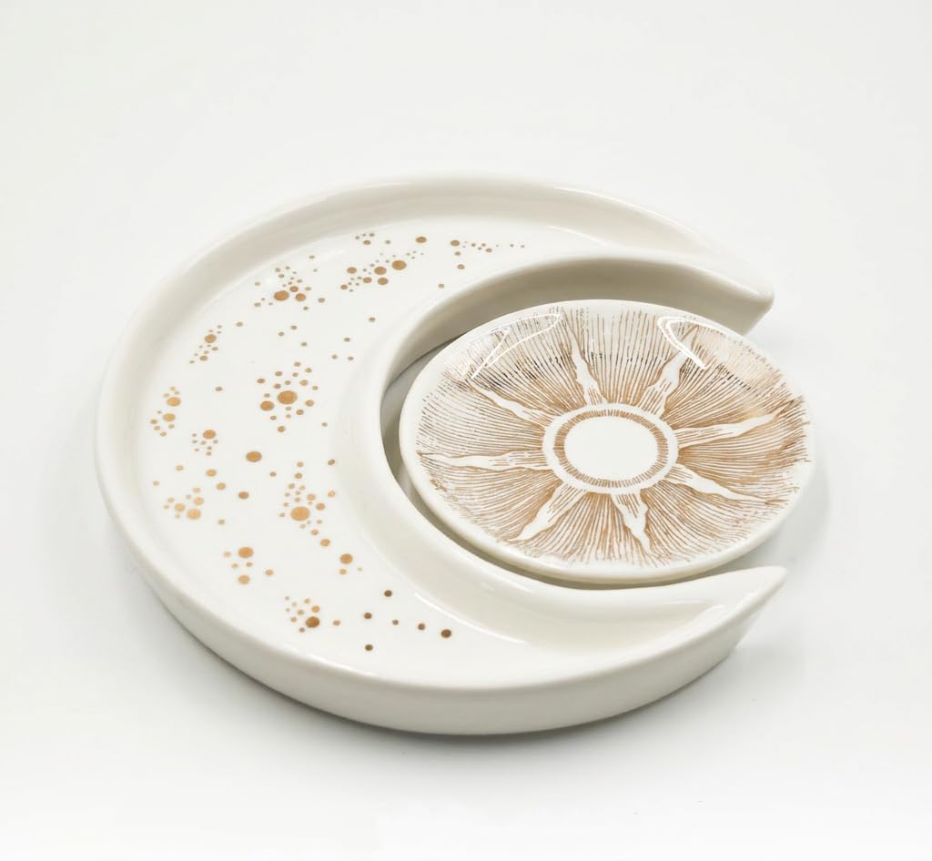 Ceramic Jewelry Dish Tray 2-Pack,Earrings Ring Holder,Small Trinket Plate | Bohemian Sun and Moon Key bowl,Unique Elegant Decor for Home,Engagement Birthday Gift,Gift for Mom Women Bride Friends