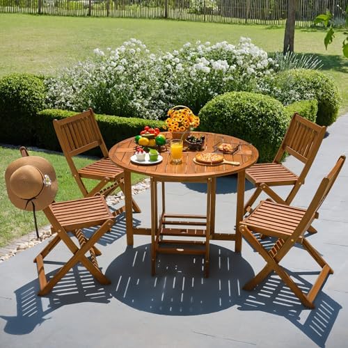 Devoko Acacia Wood Outdoor Patio Folding Table and Chairs Set for 4