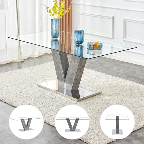 71" Glass Dining Table Set for 6, V-Base & 6 High-Back PU Chairs