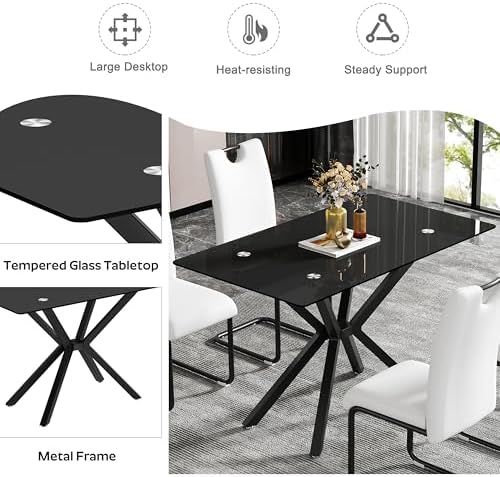5 Pieces Modern Luxury Glass Dining Set, Minimalist Rectangle Dinner Room Set...