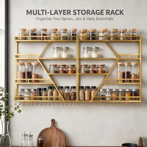 79" 4-Tier Wall Mounted Wine Rack,Metal Gold Bar Shelf,Liquor Glass Holder