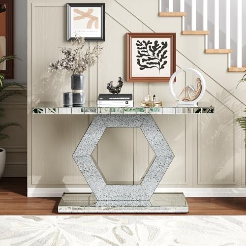SSLine 2-Piece Set Mirrored Console Table with Wall Mirror, 55" Modern M...