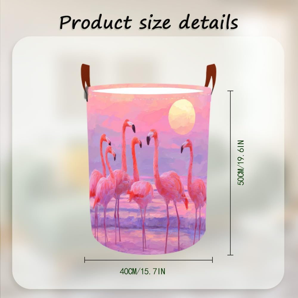 Laundry Baskets 15.7x19.7 Inch Large Pink Flamingo Sunset Beach Design Collapsible Laundry Hamper with Handles Oxford Fabric Clothes Storage Bin Foldable Dirty Clothes Organizer for Bedroom Bathroom