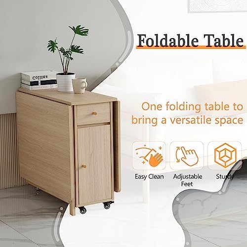 COMUHOME Drop Leaf Folding Dining Table with Storage, Wheels, Space Saving
