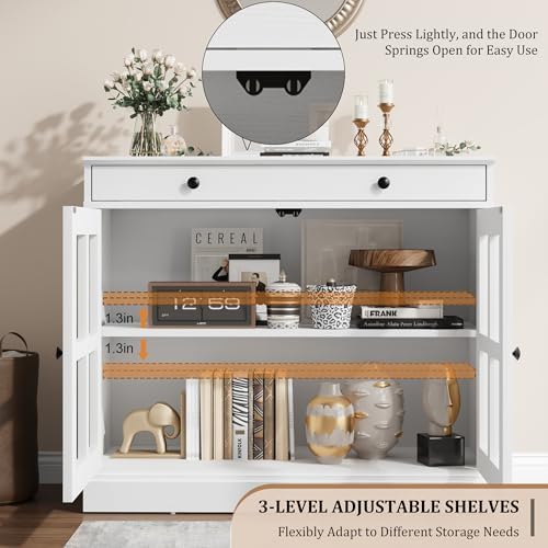 GarveeHome Modern 35.4" Sideboard Buffet Cabinet with Glass Door, White