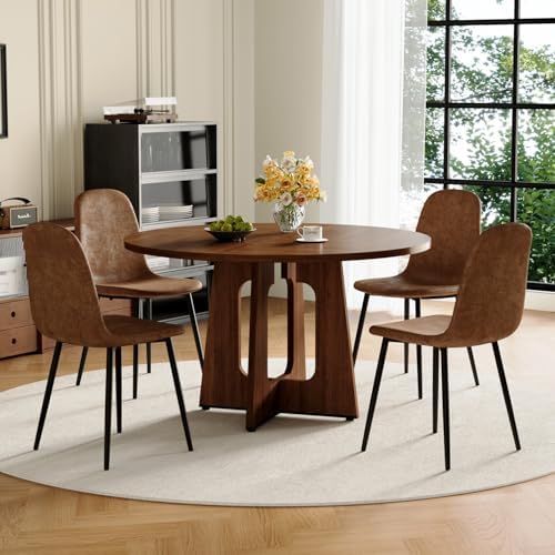47" Round Dining Table Set for 4, Walnut Wood Grain Table and 4 Chairs Set