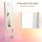 Giantex Standing Jewelry Armoire with 18 LED Lights Around the Door, Large Storage Mirrored Jewelry Cabinet with Full Length Mirror, 16 Lipstick Holders, 1 Inside Makeup Mirror (White)