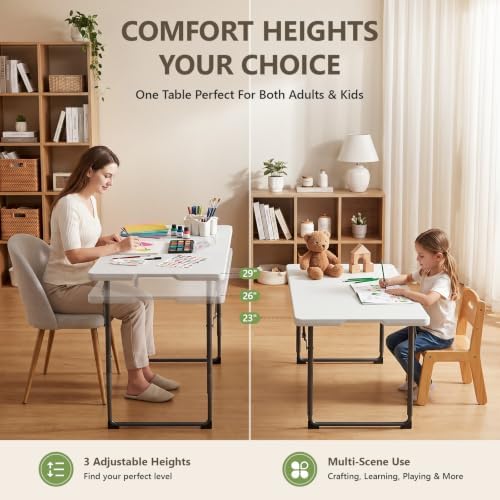 4FT Adjustable Height Folding Table and Chairs Set for 4, Heavy Duty Plastic ...