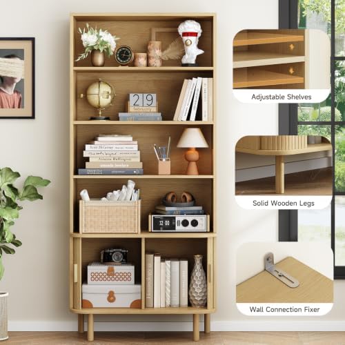 ONBRILL 71" Bookshelf with Sliding Door, Bookcase Storage Cabinet, Oak