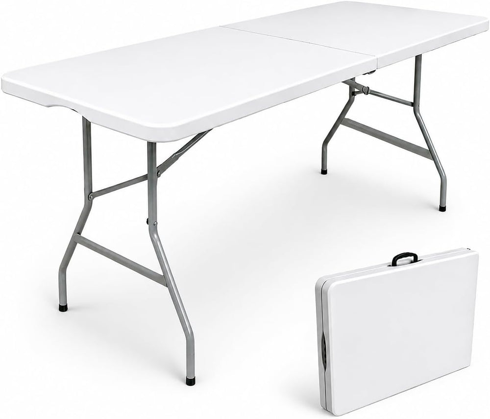 6ft Folding Table with Handle, Portable Plastic Table, White
