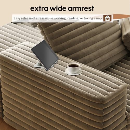 Oversized Lounge Chaise,Cloud Plush Sofa Bed,Upholstered Boneless Cloud Sofa Deep Seat,No Assembly Required,Modern Corduroy Sleeper 3 Seater Chair for Living Room Bedroom Reading,Camel