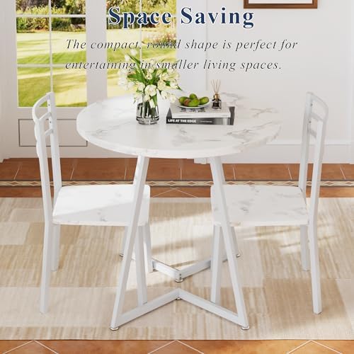 VECELO Small Round Dining Table Set for 2, Wood Tabletop with Strong Metal Fr...