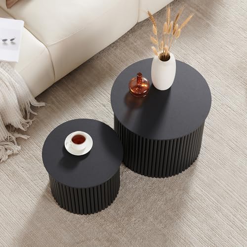 Small Fluted Round Nesting Coffee Table Set of 2, Mid Century Modern Coffee T...
