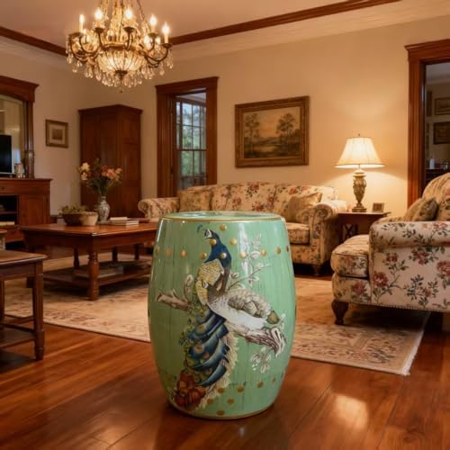 Hand-Painted Floral Bird Ceramic Drum Stool - Oriental Artistry Storage Ottom...