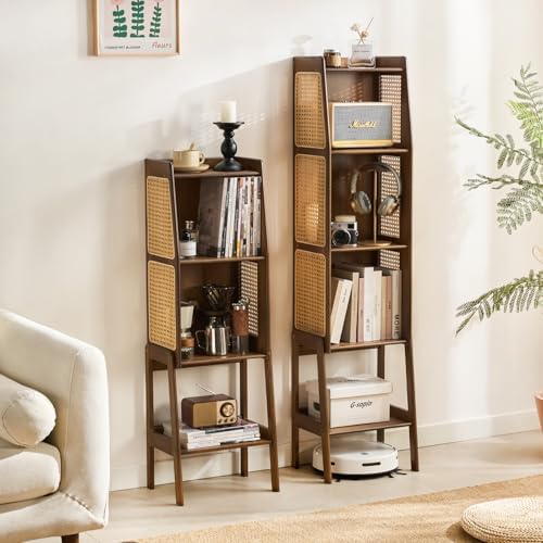 Welnow Bamboo Rattan Bookcase with Cabinet, 3-Tier Storage Shelf with Side Ta...