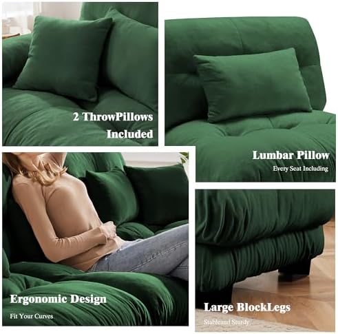 95 inch Modular Sectional Cloud Sofa Couch with Movable Ottoman for Living Room,Velvet Corner Loveseat Sofa with Armrests, Deep Seat Couch (Dark Green, 2 Seat + 1 Ottoman)