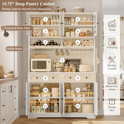 HOSTACK 75" Kitchen Pantry Storage Cabinet, Coffee Bar Hutch Cabinet, White