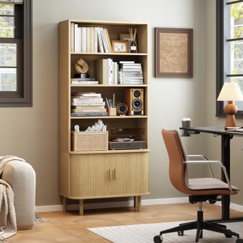 ONBRILL 71" Bookshelf with Sliding Door, Bookcase Storage Cabinet, Oak