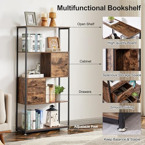 VECELO 5-Tier Bookshelf,Bookcase with Drawers and Cabinet,62"x 31"x...