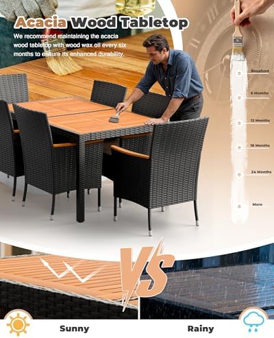 Flamaker Patio Dining Set for 6 Outdoor Acacia Wood Table and Chairs, Black