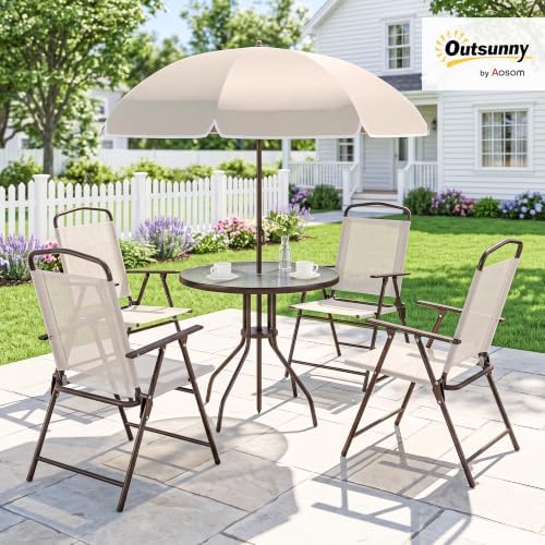 Outsunny 6 Piece Patio Dining Set for 4 with Umbrella, Beige