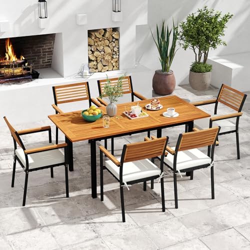 Tangkula 7 Piece Acacia Wood Outdoor Dining Set with 6 Stackable Armchairs