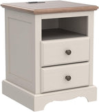 T4TREAM Nightstand with Charging Station, 18 Inch Vintage End Table with 2 Drawers, Wood Rustic Sofa Side Table with Open Storage Shelf for Bedroom, Living Room, Antique White